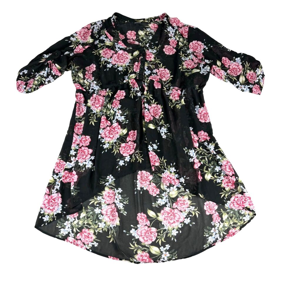 TORRID Dress Women's 3 Black Rose Floral Sheer Roll Tab Sleeve Button Front Top